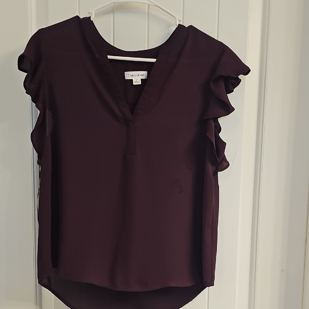Calvin Klein Women's Ruffled Sleeve Top - Dark Purple